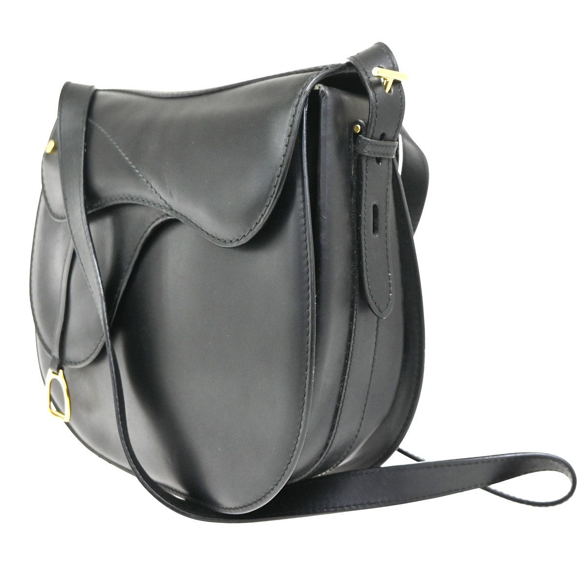 GUCCI Stirrup Saddle Flap Shoulder Bag Leather Italy Black GHW 62CA794