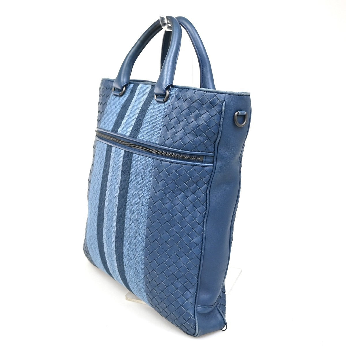 BOTTEGA VENETA Logo Intrecciato Hand Tote Bag Canvas Leather Blue Italy 38ZA106