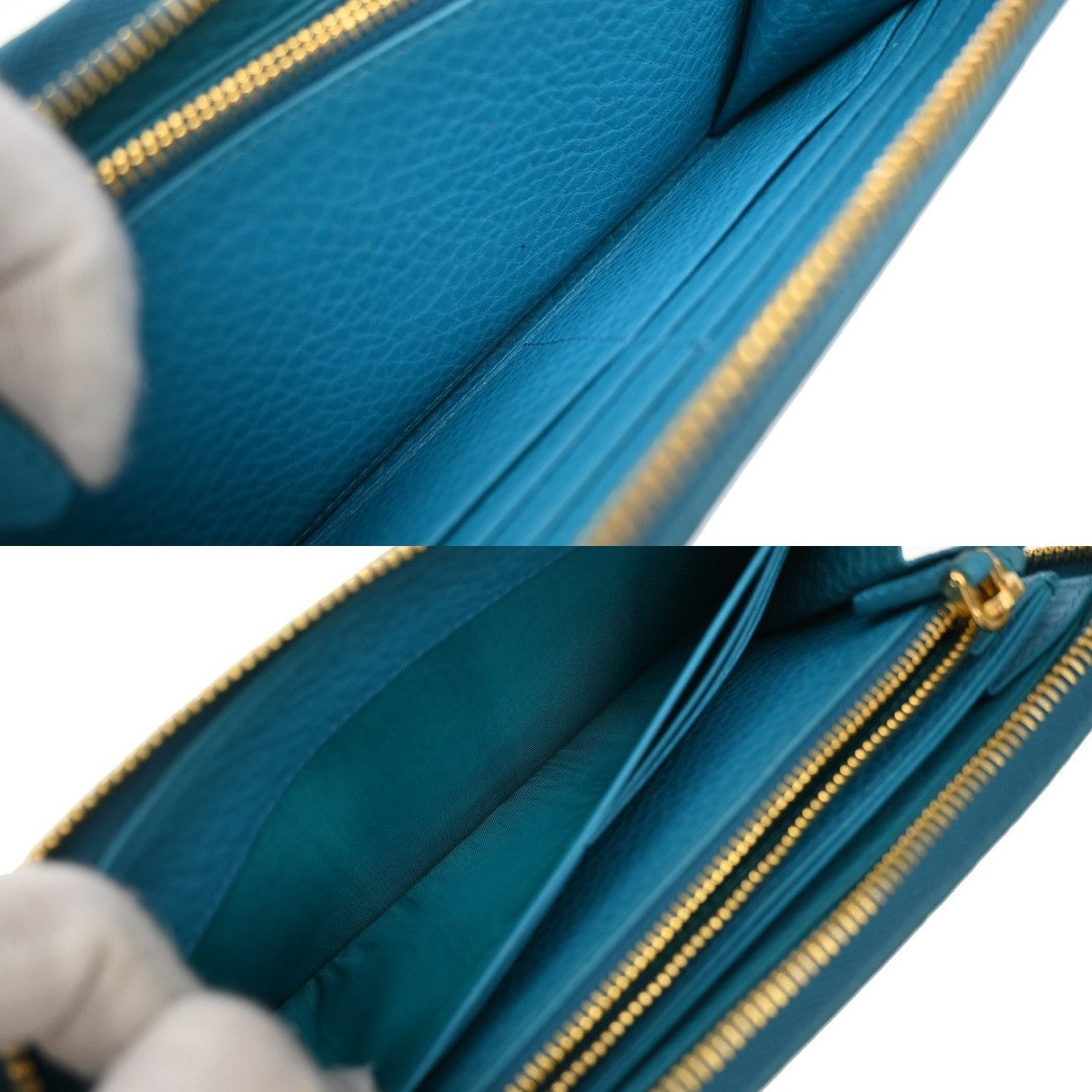 PRADA Logo Long Zipper Around Wallet Vitello Grain Leather Blue Italy 30KB104