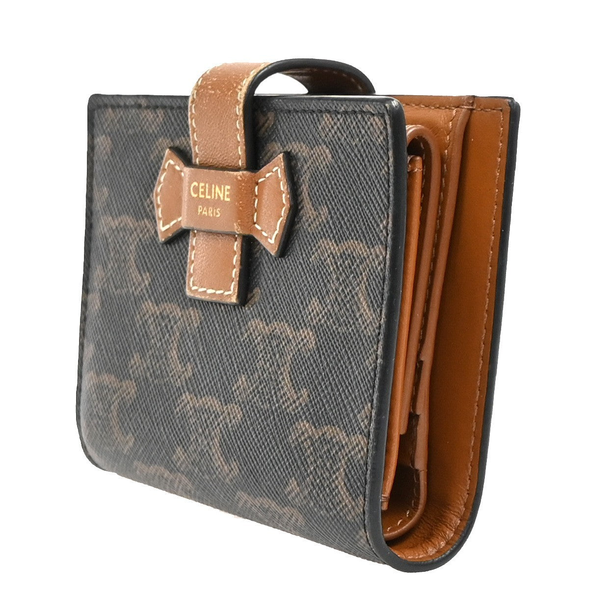 CELINE Strap Bifold Wallet Purse Triomphe Canvas Leather Brown BK Italy 65KC629