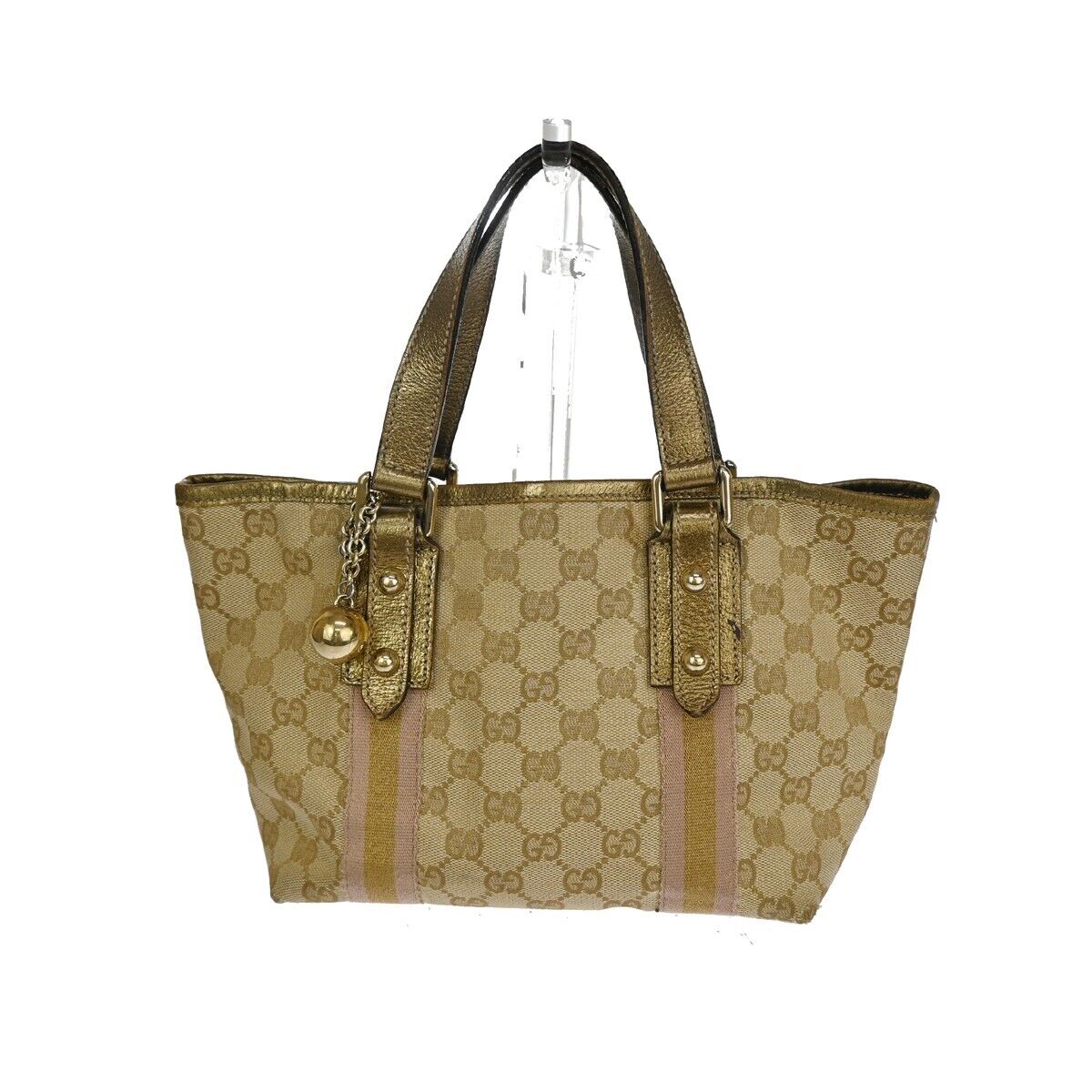 GUCCI GG Pattern Sherry Mini Hand Bag canvas Leather Beige Gold Italy 67DA078