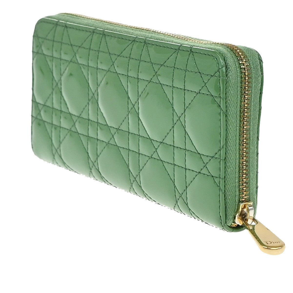 CHRISTIAN DIOR Logo Cannage Zip Around Long Wallet Patent Leather Green 36EG143