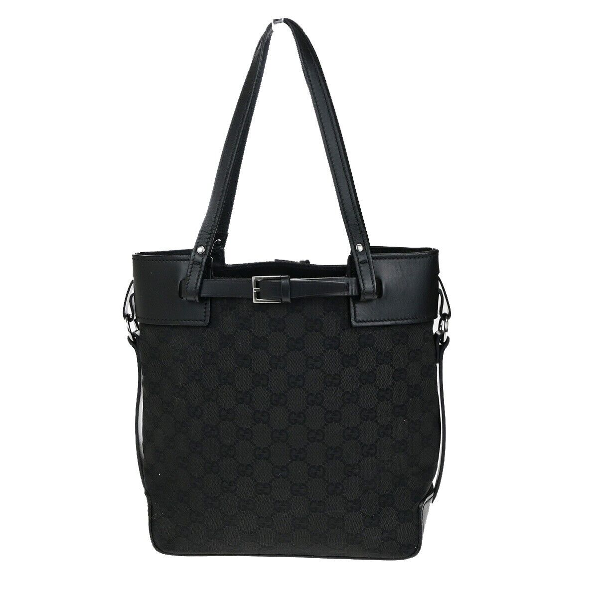 GUCCI Logo GG Pattern Shoulder Bag Canvas Leather Black Silver Italy 02EC919