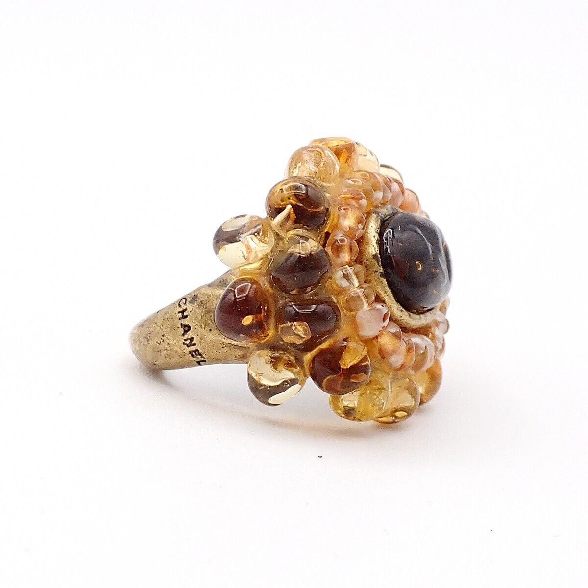CHANEL Logo Gripoix Ring 00A Brown Gold-Plated France Accessory 38RJ930