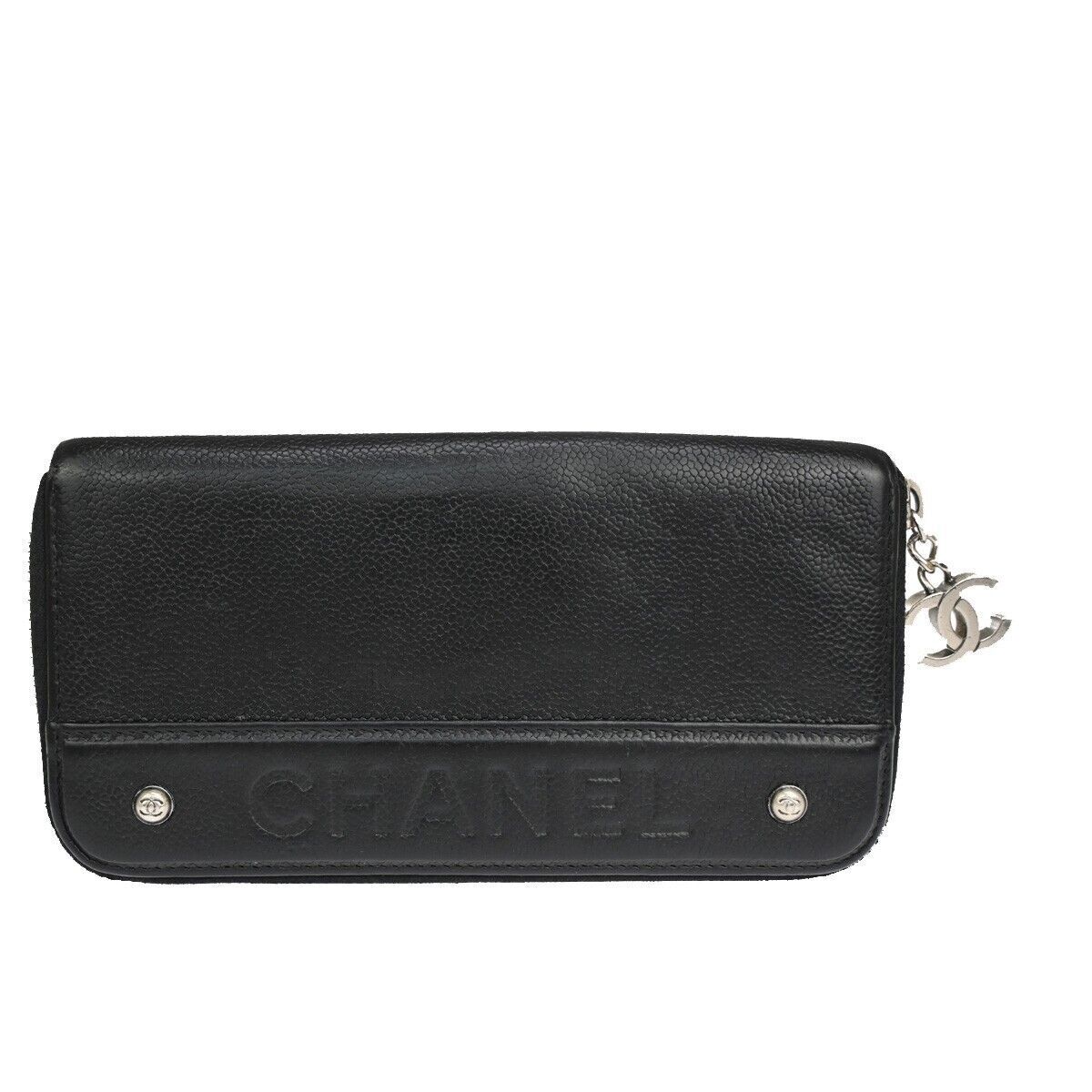 CHANEL CC Logo Zipper Long Bifold Wallet Purse Caviar Skin Leather Black 38YC420
