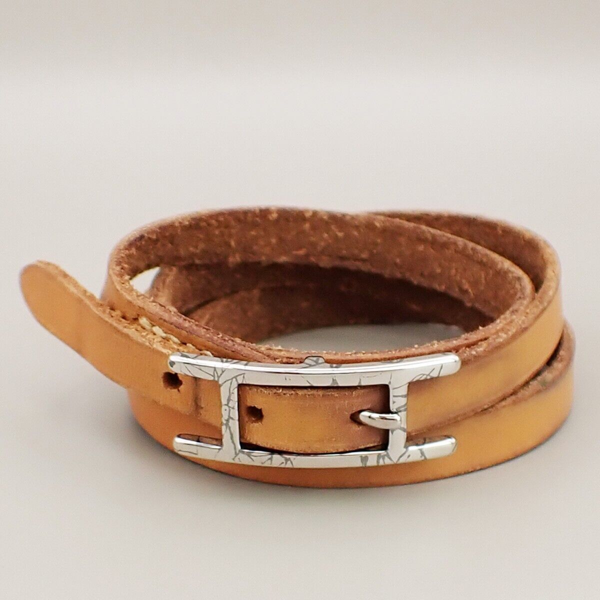 HERMES Logo Api 3 Bracelet Bangle Leather Brown Silver Accessory 02KA477
