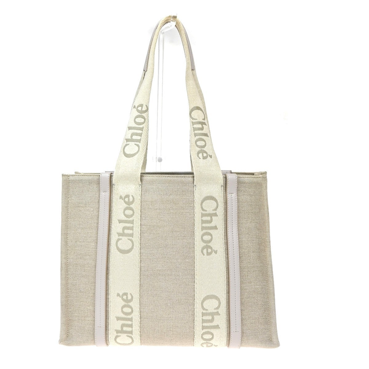 CHLOE Logo Woody Medium Shoulder Tote Bagi Linen Leather Beige Italy 84YJ242