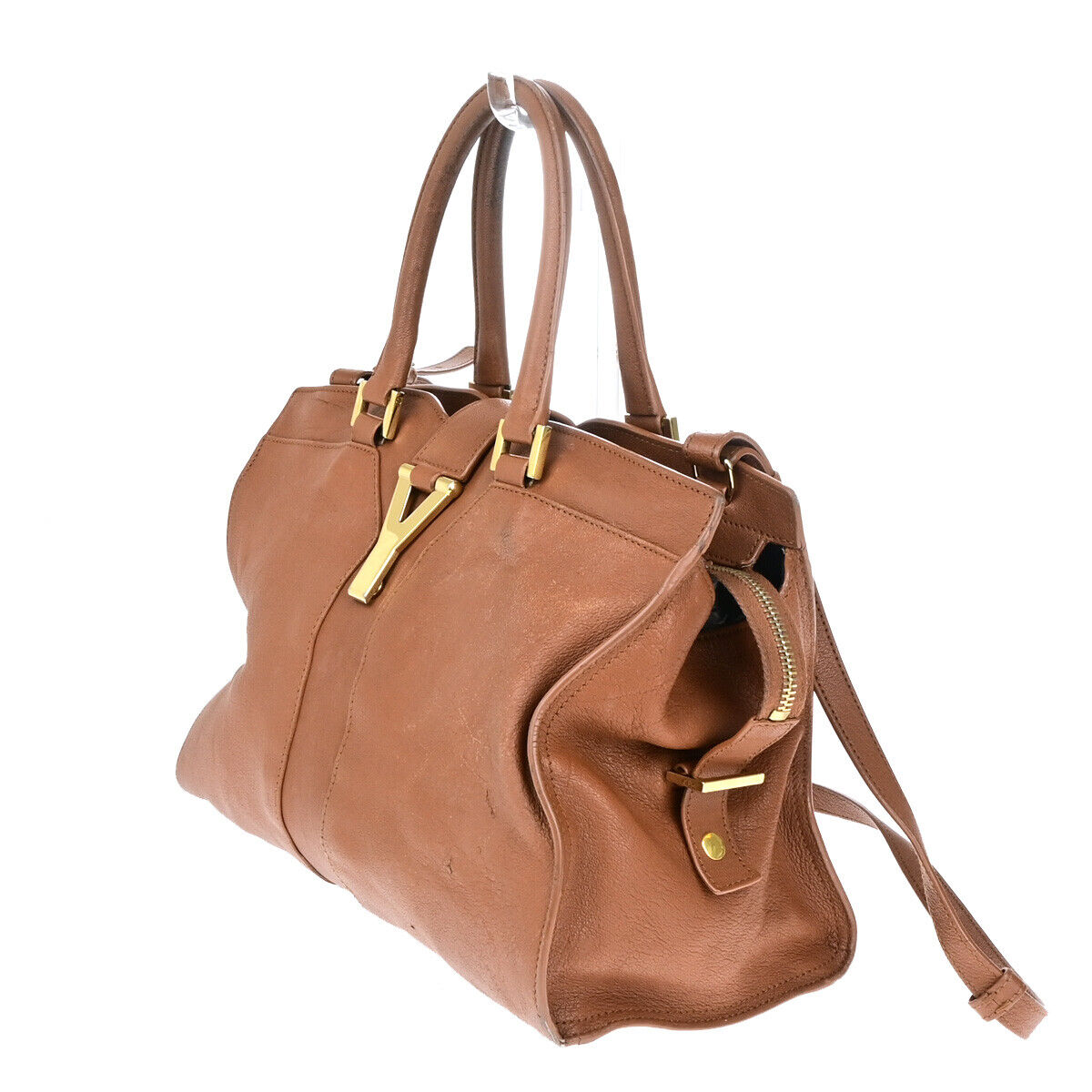 YVES SAINT LAURENT Y Cabas Chyc 2Way Shoulder Hand Bag Leather Brown GHW 73YG294