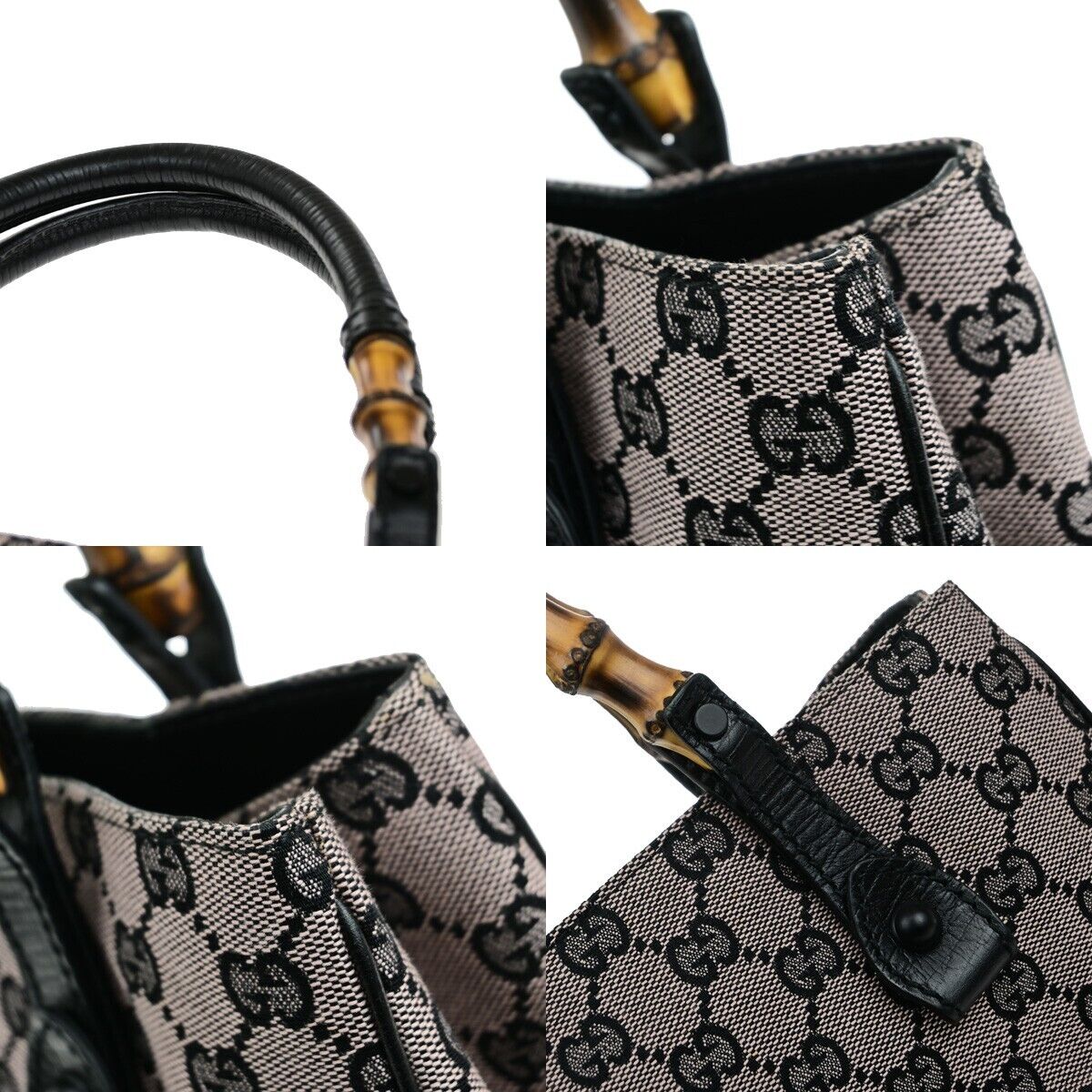 GUCCI Logo Bamboo GG Pattern Shoulder Bag Canvas Leather Pink Black 36EE063