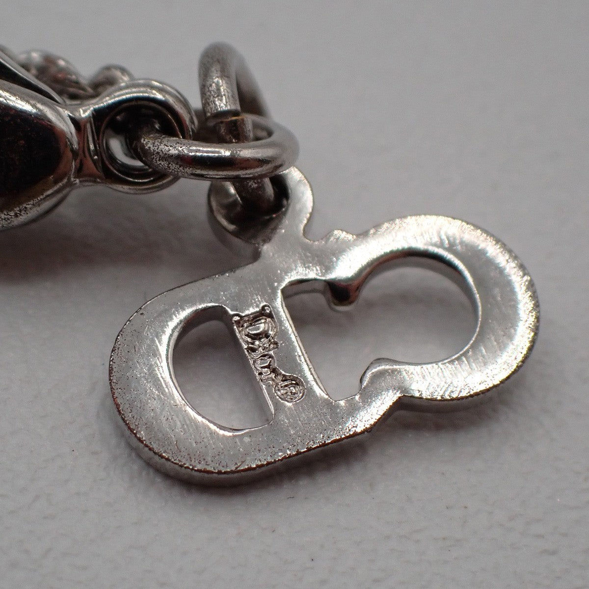 CHRISTIAN DIOR D Logo Dice Charm Necklace Rhinestone Silver Accessory 02KB500