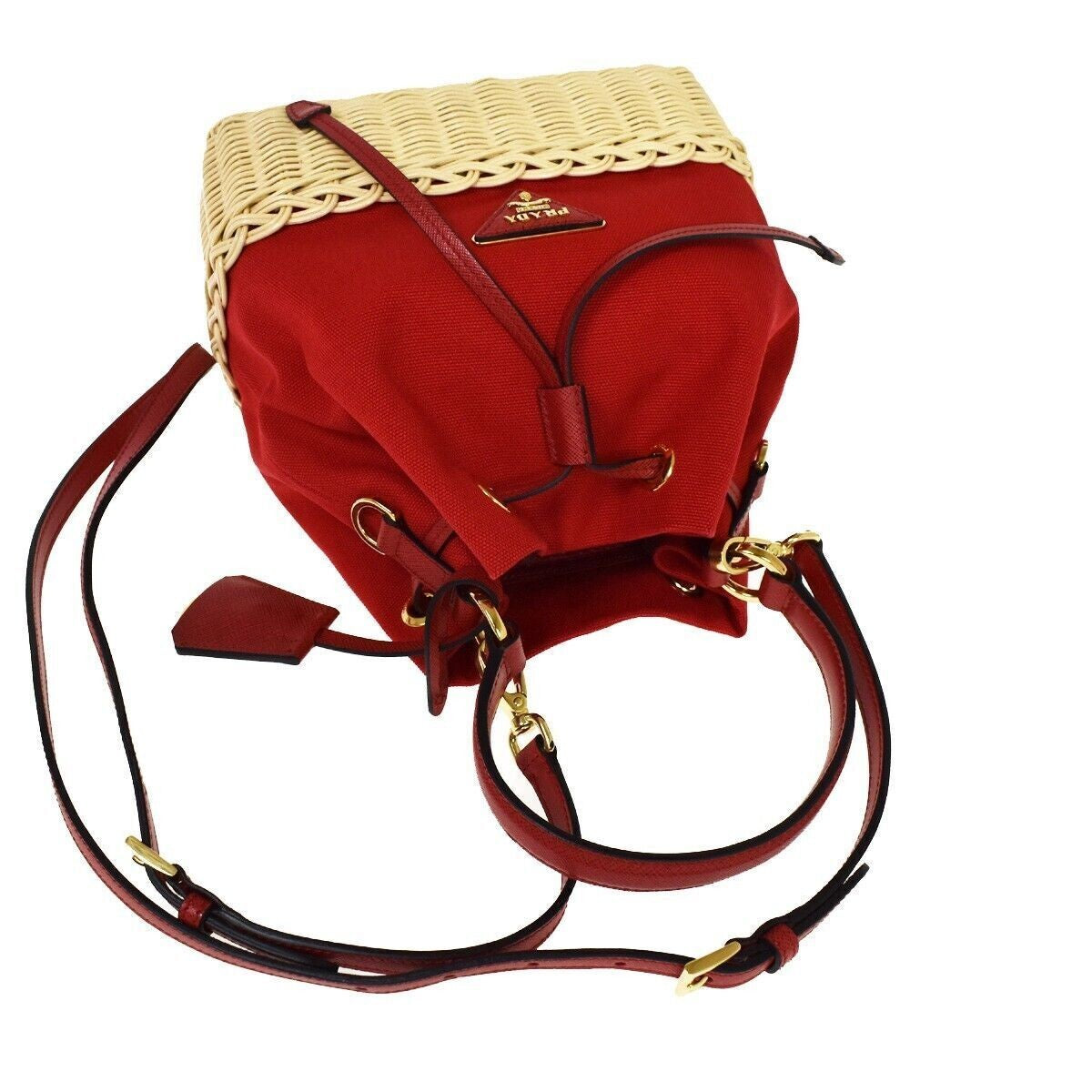 PRADA Logo Plage Wicker 2Way Shoulder Hand Bag Canvas Leather Red Gold 678RH125