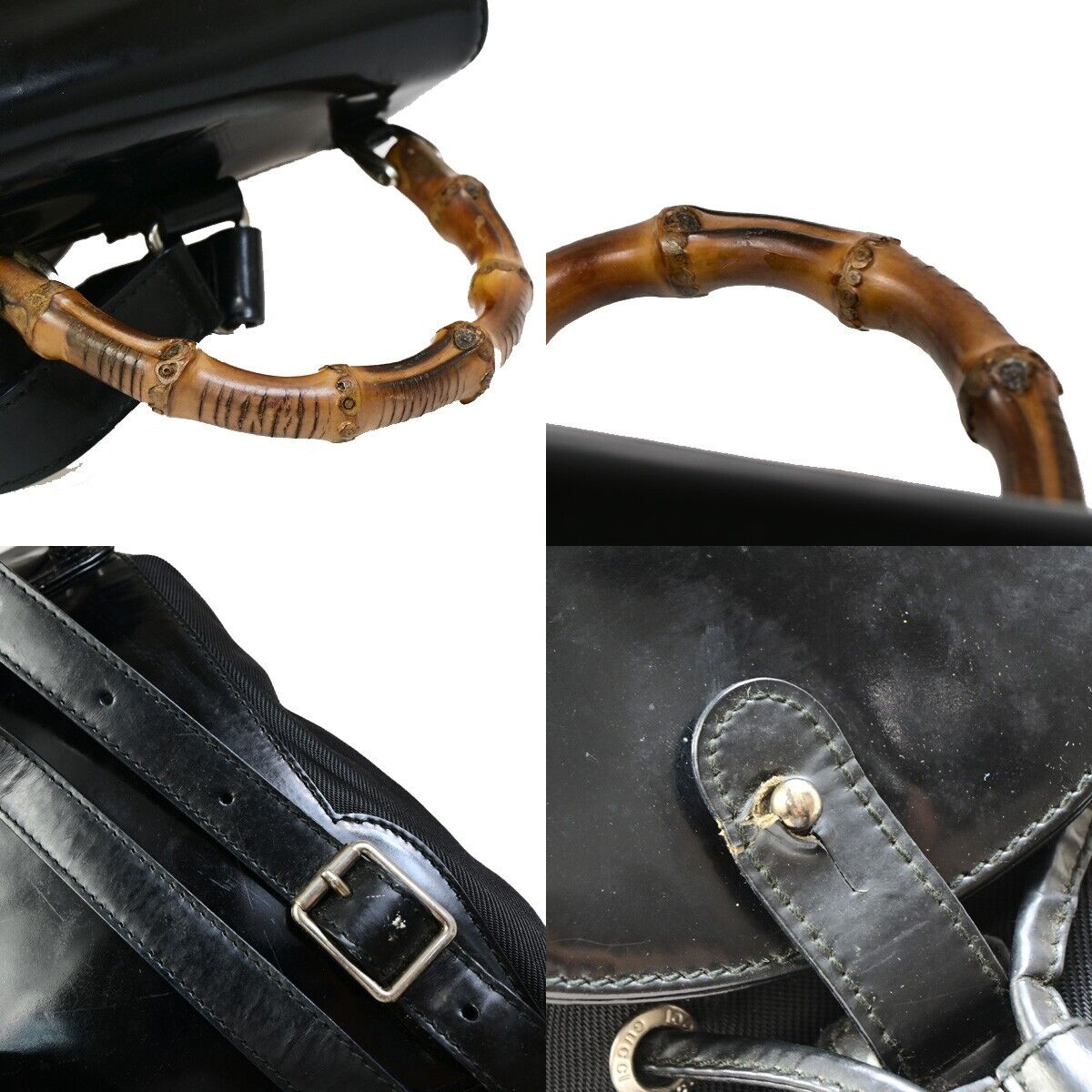 GUCCI Logo Bamboo Backpack Bag Leather Nylon Black Italy 68EB288