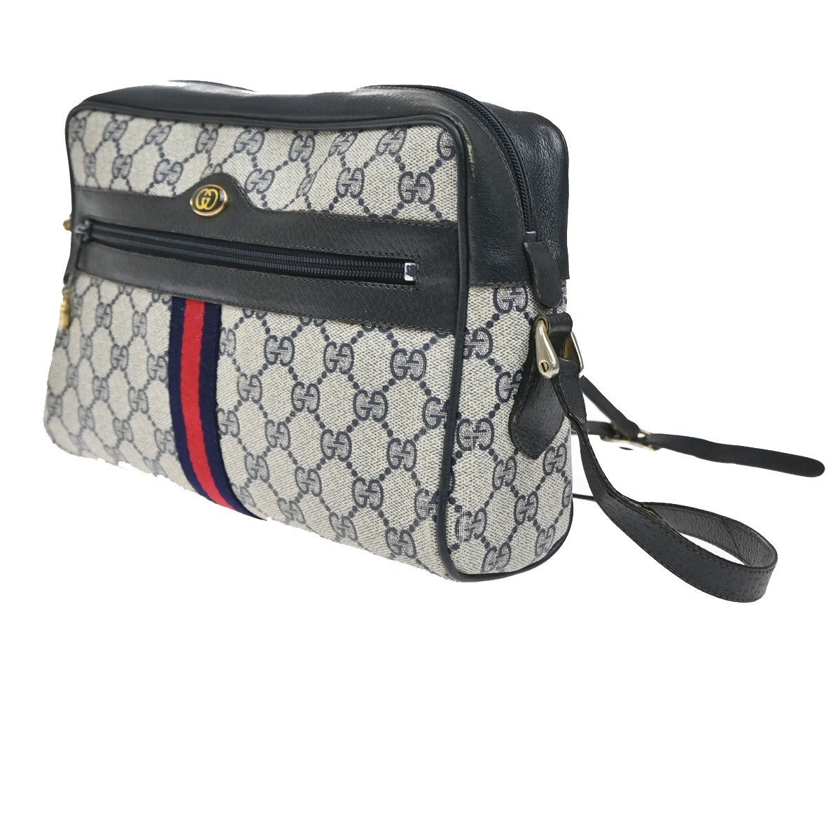 GUCCI Logo Sherry Web Line GG Pattern Shoulder Bag PVC Leather Blue 67YJ157