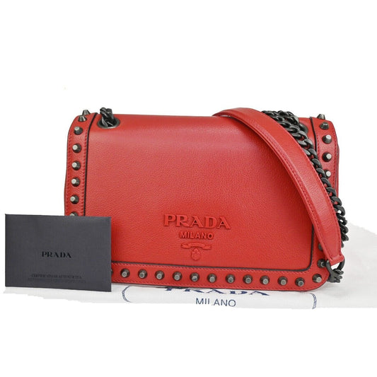 PRADA MILANO Logo Studs Chain Mini Shoulder Bag Calf Leather Fuoco Red 683RJ123