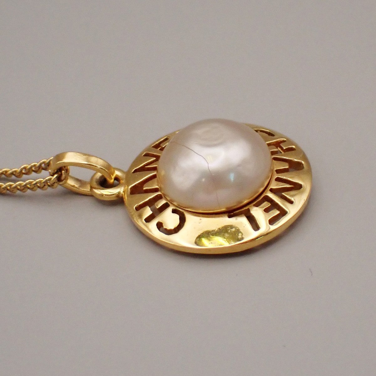 CHANEL CC Logo Imitation Pearl Chain Pendant Necklace Gold France 32RL269