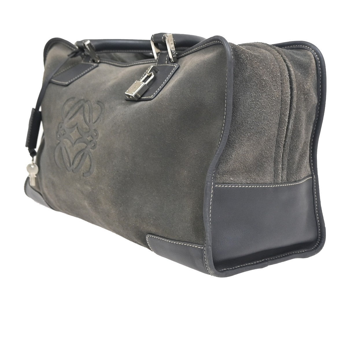 LOEWE Anagram Amazona Boston Hand Bag Suede Leather Dark Gray Spain 83KC758