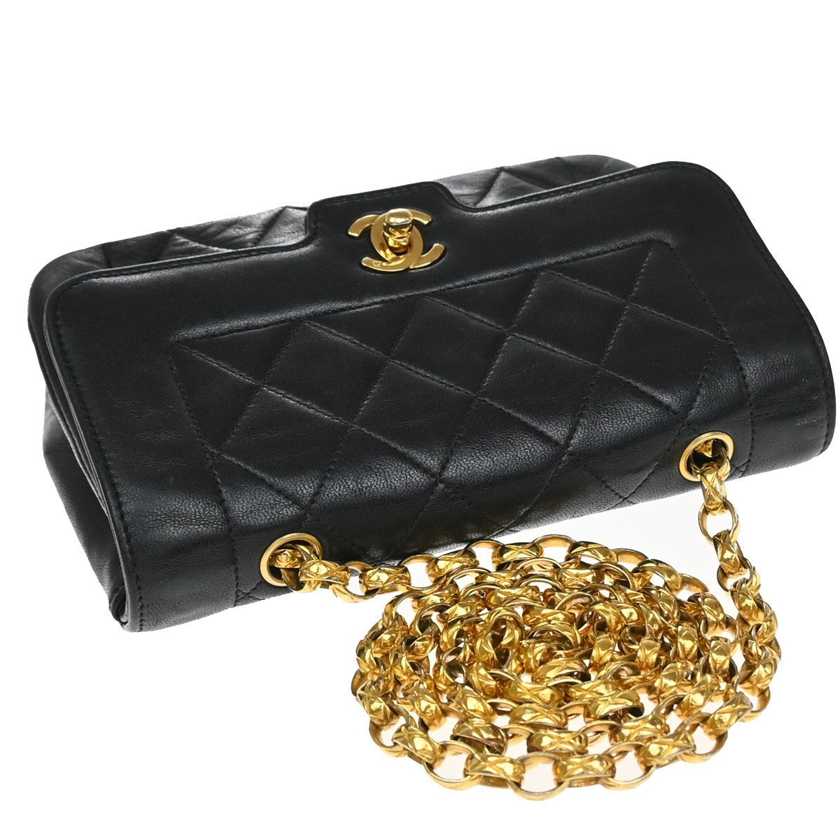 CHANEL Mini Diana Matelasse Chain Shoulder Bag Leather Black Vintage 359RP169