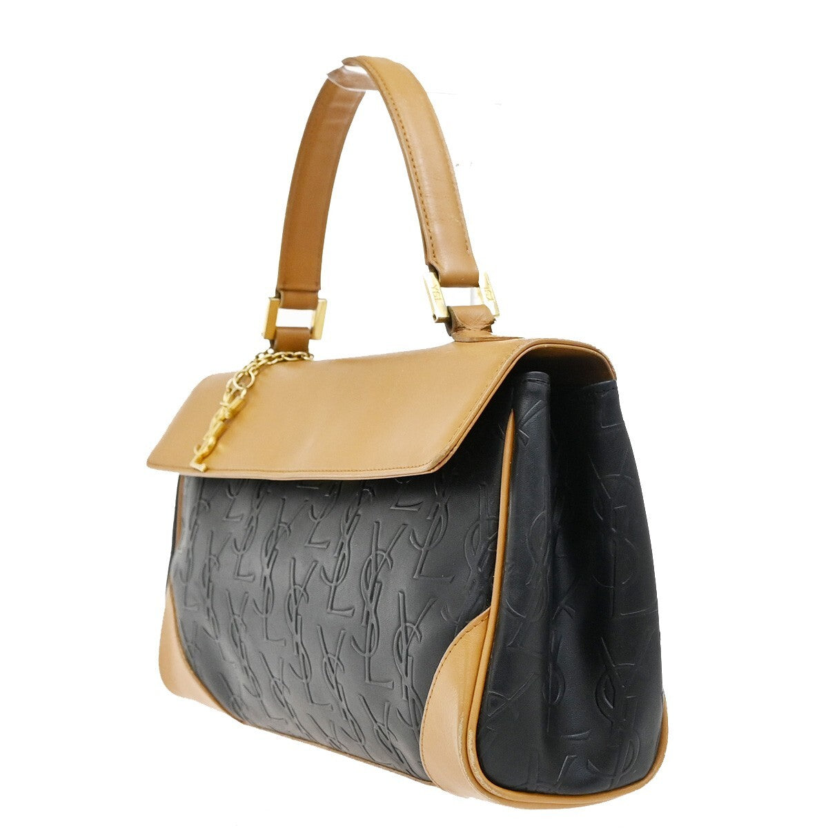 YVES SAINT LAURENT YSL Logo Hand Bag PVC Leather Black Brown Gold 03EE380