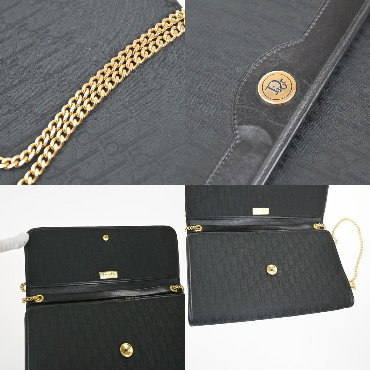 CHRISTIAN DIOR Trotter Pattern 2way Clutch Hand Bag Canvas Leather Black 38KC787