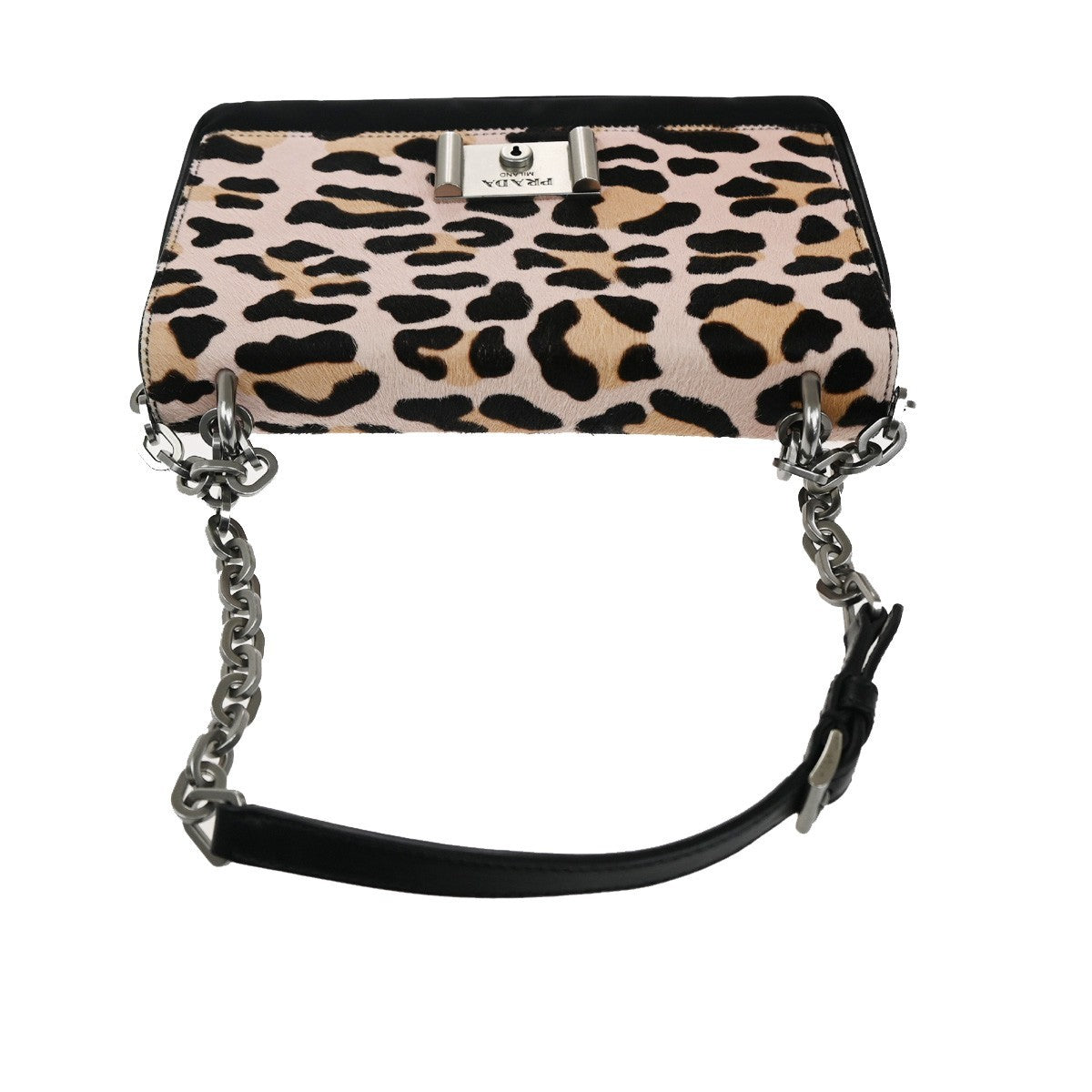 52.Live PRADA MILANO Leopard Chain Shoulder Bag Hair on Leather Nylon 99KC004