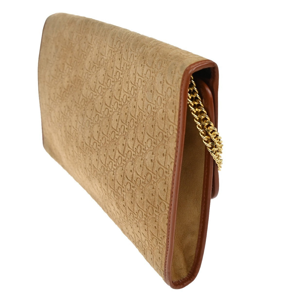 CHRISTIAN DIOR Trotter Chain Shoulder Clutch Bag Suede Leather Beige GHW 69TA411
