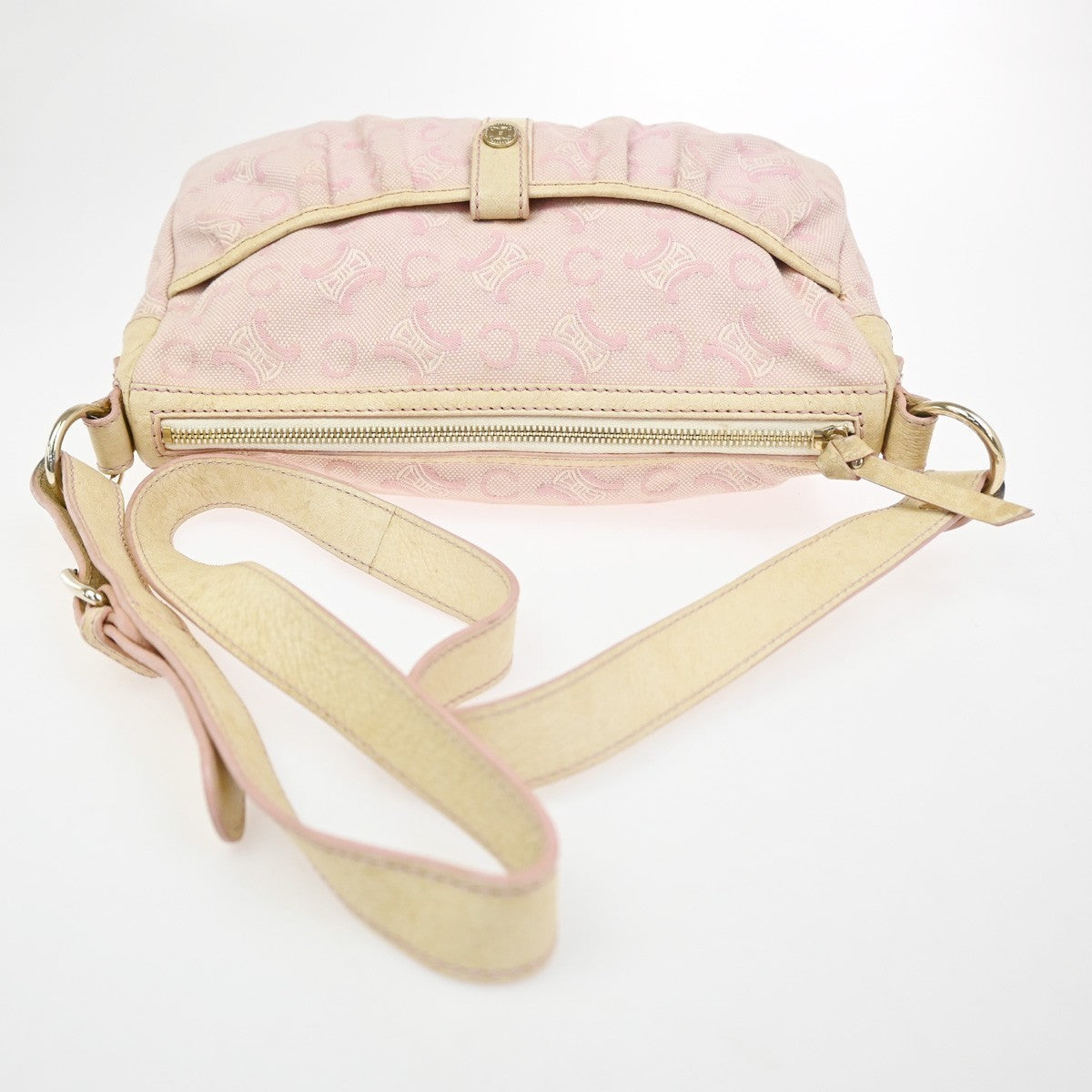 CELINE Logo C Macadam Shoulder Bag Canvas Leather Beige Pink GHW 63ZA180