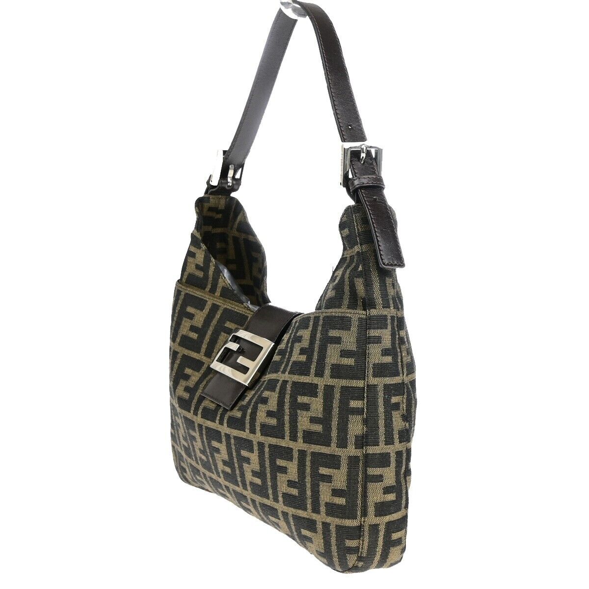 FENDI Logo Mamma Zucca Pattern Shoulder Bag Canvas Leather Brown Italy 93EB981