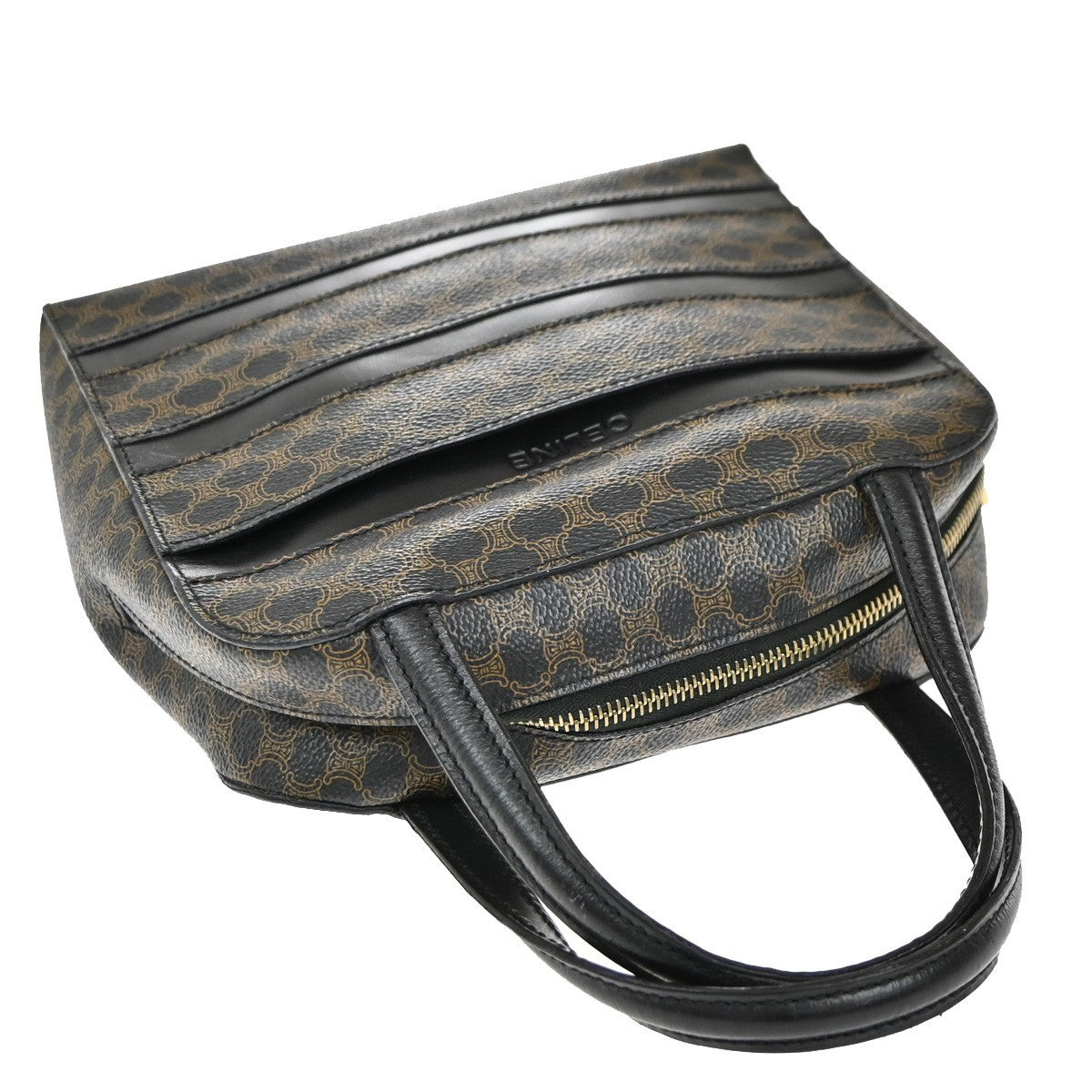 CELINE Logo Macadam Pattern Hand Bag PVC Leather Brown Black GHW 67EG145