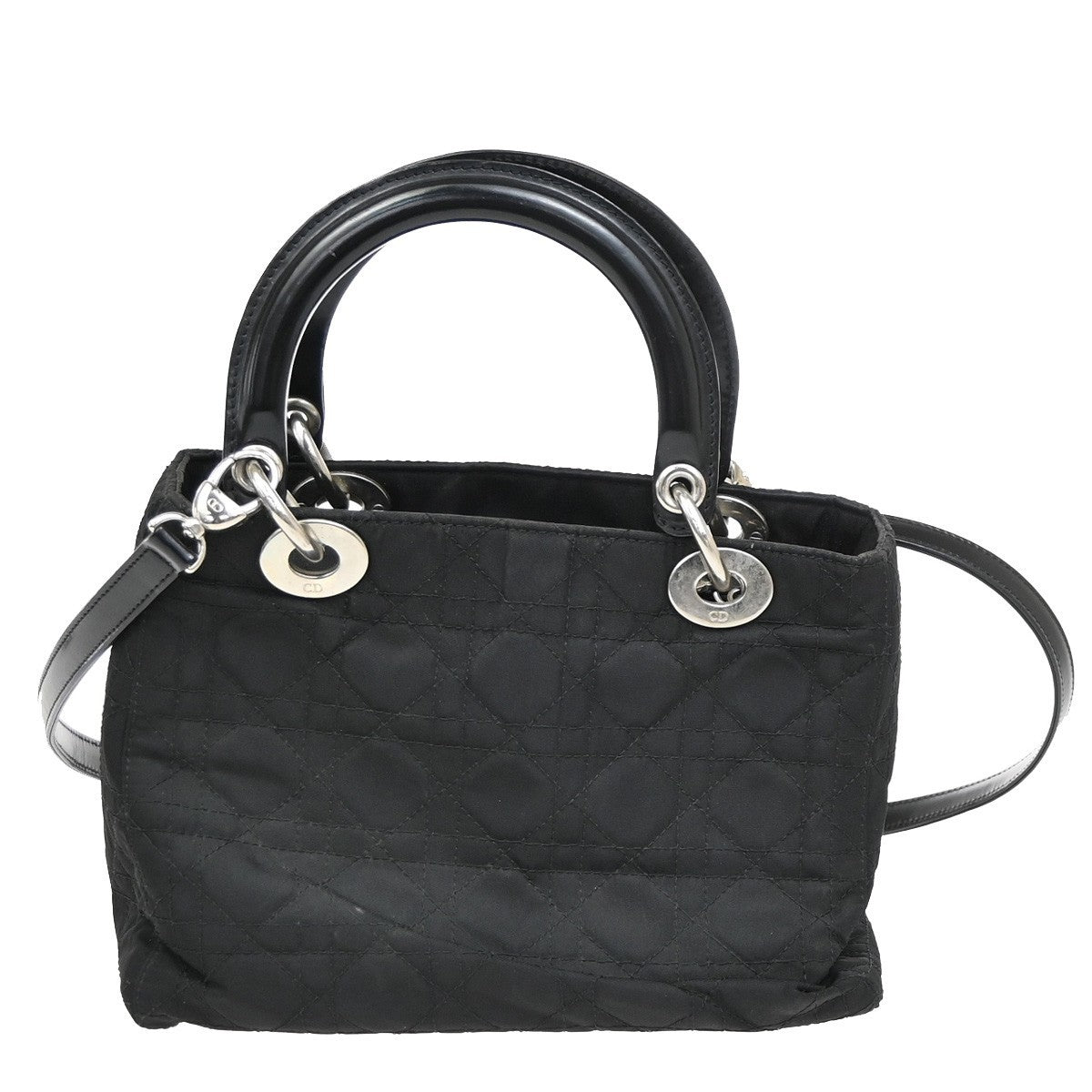 CHRISTIAN DIOR Logo Lady Cannage 2Way Hand Bag Nylon Leather Black SHW 98ZA262