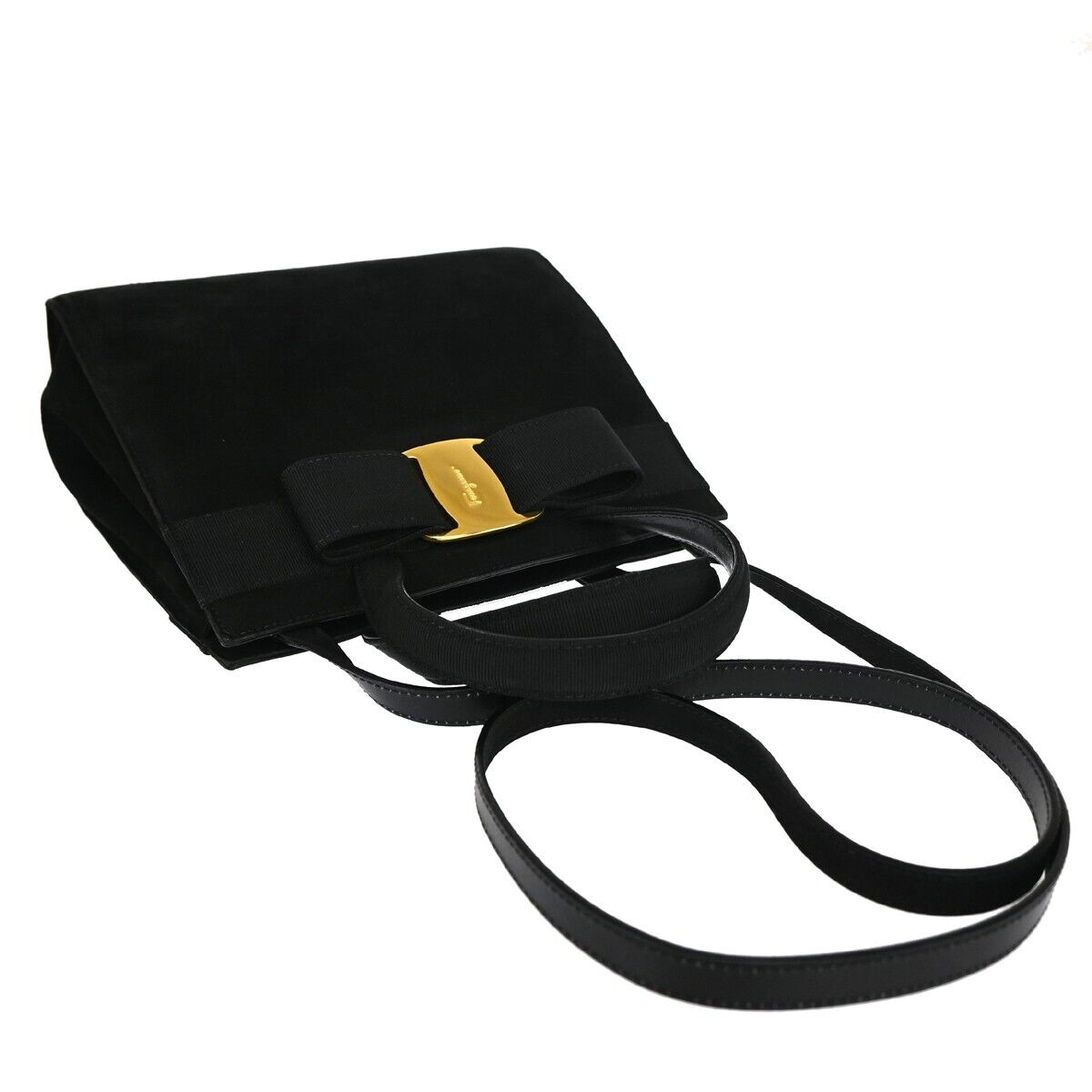 SALVATORE FERRAGAMO LOGO Vara 2Way Hand Bag Suede Leather Black Gold 64EA165