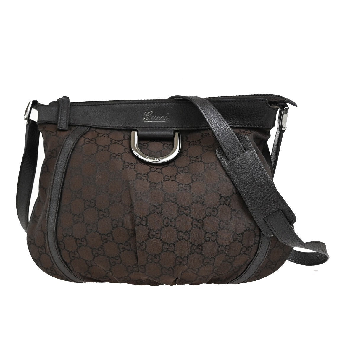 GUCCI Logo GG pattern Shoulder Bag Nylon Leather Brown Silver Italy 88EE172