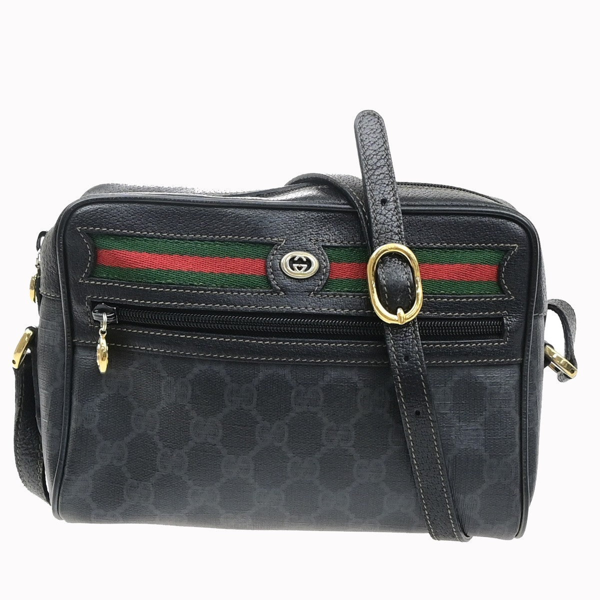 GUCCI Logo GG Pattern Sherry Shoulder Bag PVC Leather Black GHW Italy 61MA715
