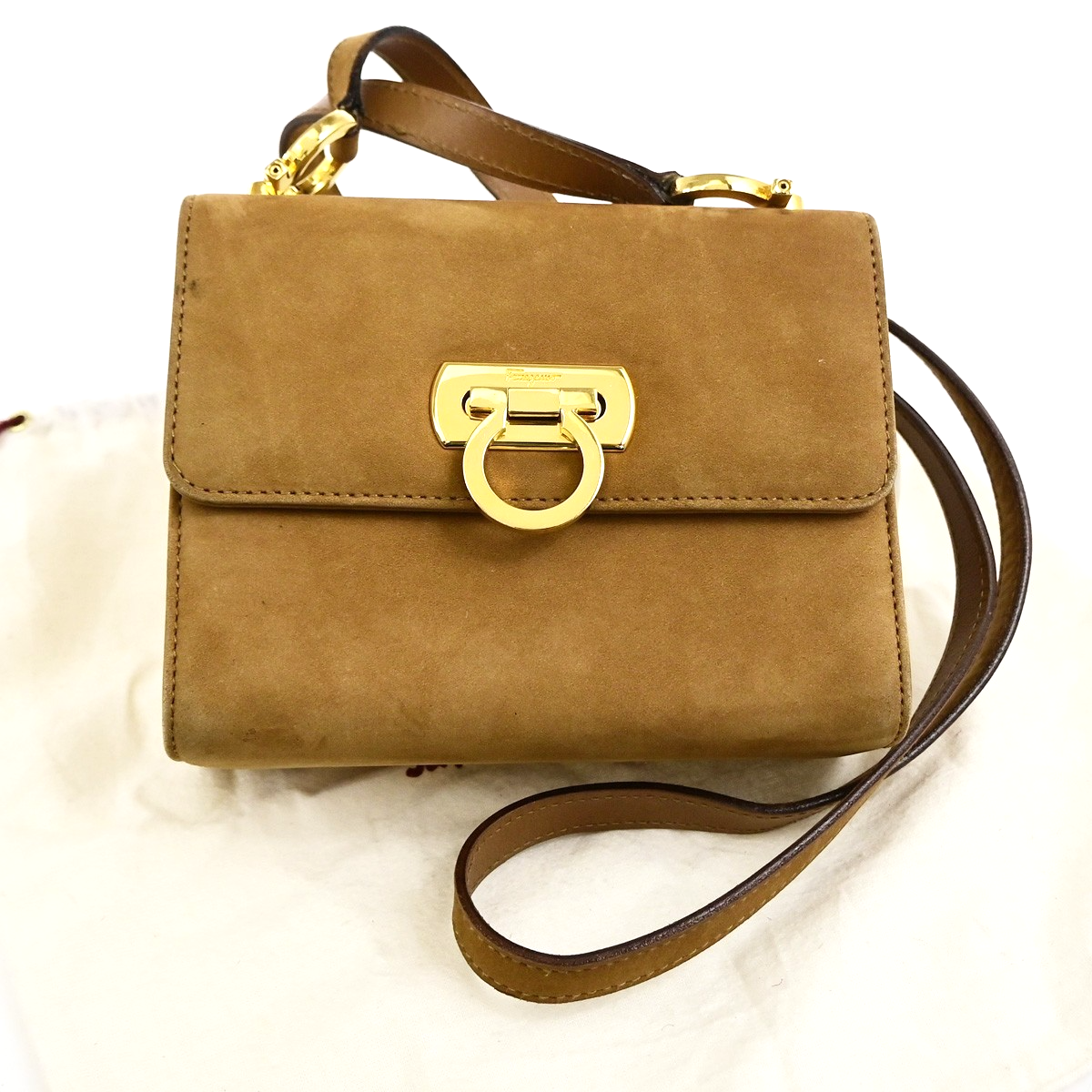 SALVATORE FERRAGAMO Logo Gancini Mini Shoulder Bag Suede Leather Beige 36KD112