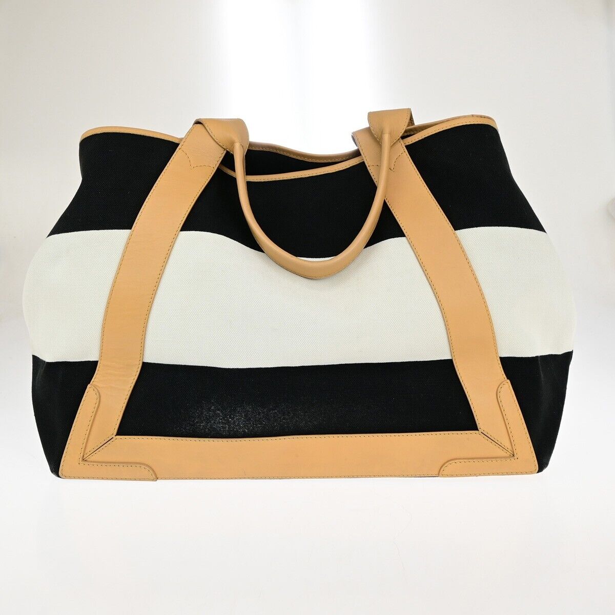 BALENCIAGA Logo Navy Cabas Shoulder Tote Bag Canvas Leather Black White 39EC740