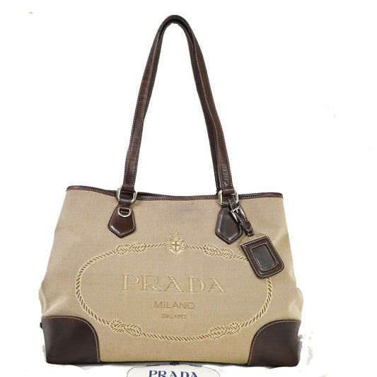 PRADA MILANO Logo Shoulder Bag Canvas Leather Brown Made in Italy 38EA603