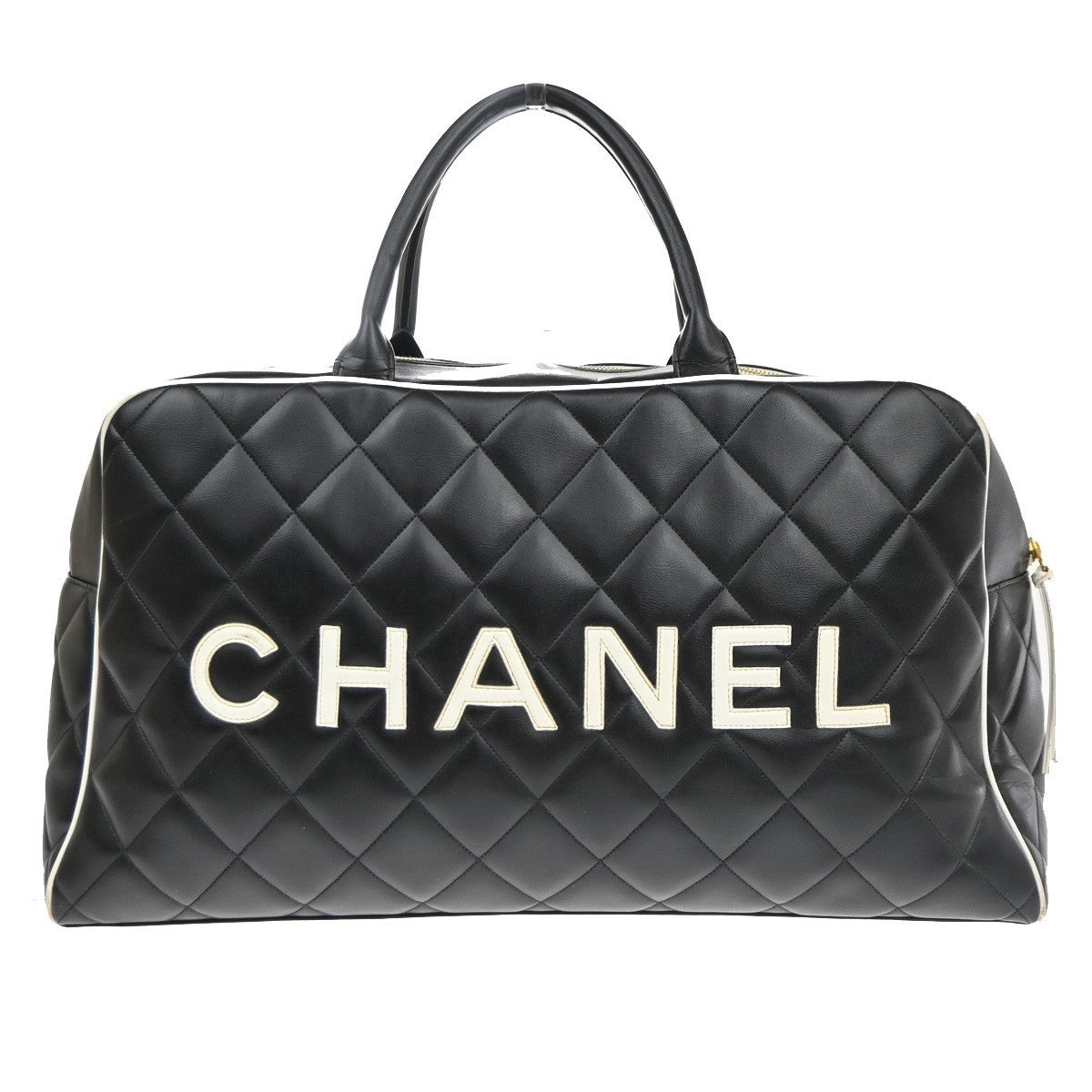 CHANEL Matelasse Travel Boston Hand Bag Leather Black France Vintage 332RP182