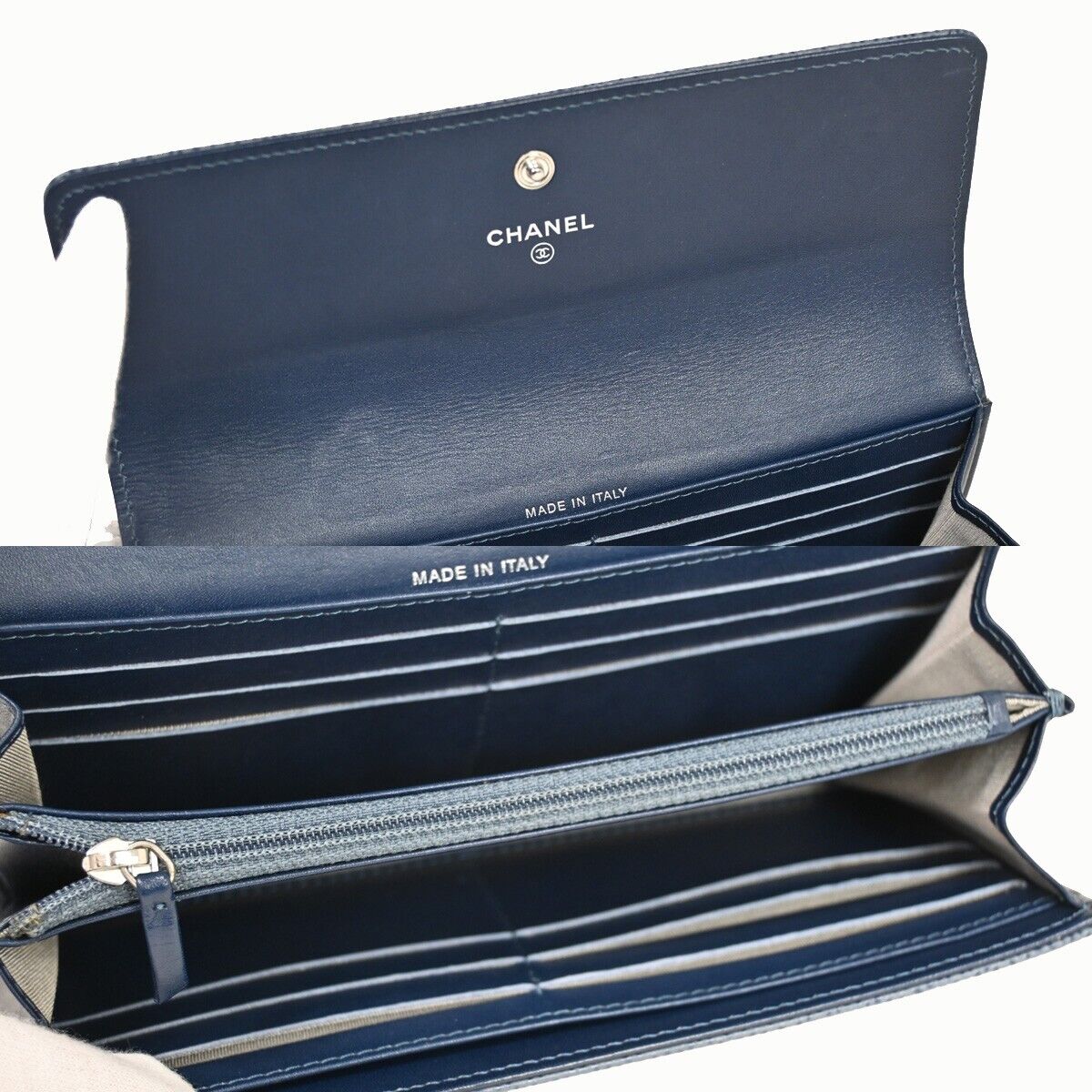 CHANEL CC Logo Long Wallet Purse Caviar Skin Leather Blue SHW 72RF120