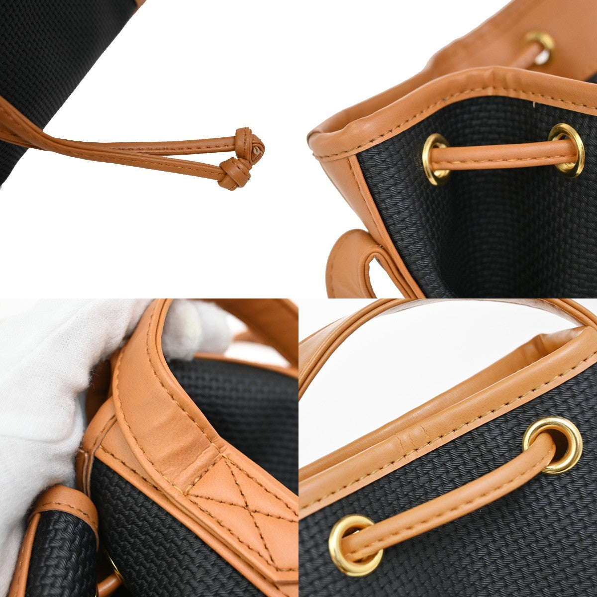 Saint Laurent YSL Logo Drawstring Shoulder Bag PVC Leather Navy Brown 38FC055