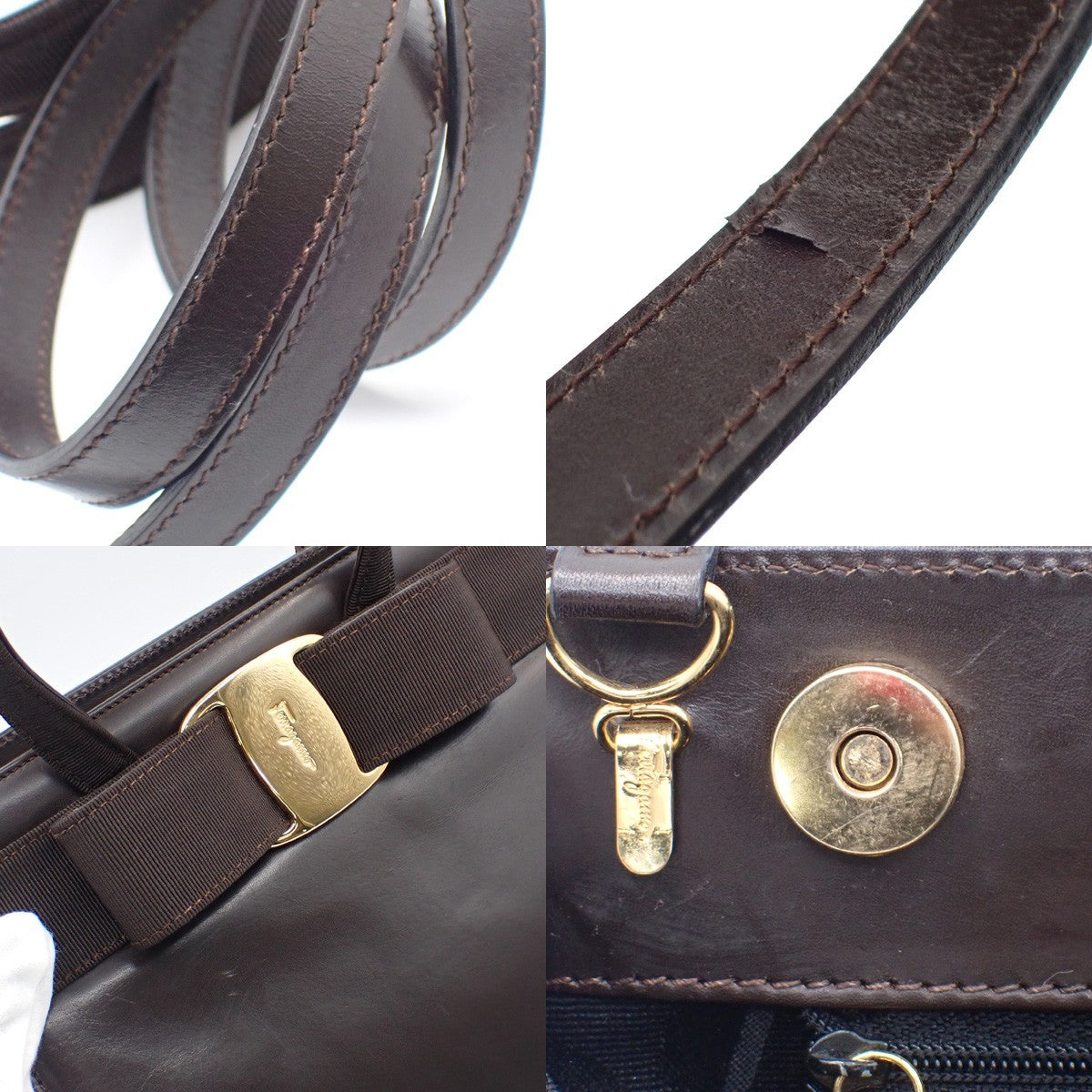 SALVATORE FERRAGAMO Logo Vara 2Way Hand Bag Canvas Leather Brown Gold 33AA167