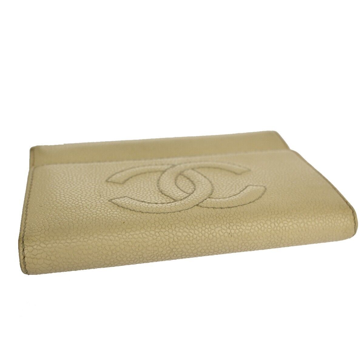 CHANEL CC Logo Trifold Wallet Purse Caviar Skin Leather Ivory Italy 62RJ490