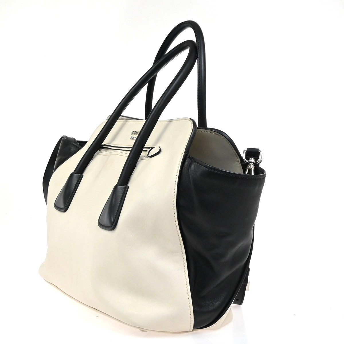 PRADA City Calf Bicolor 2Way Shoulder Tote Hand Bag Leather Black White 34KC748