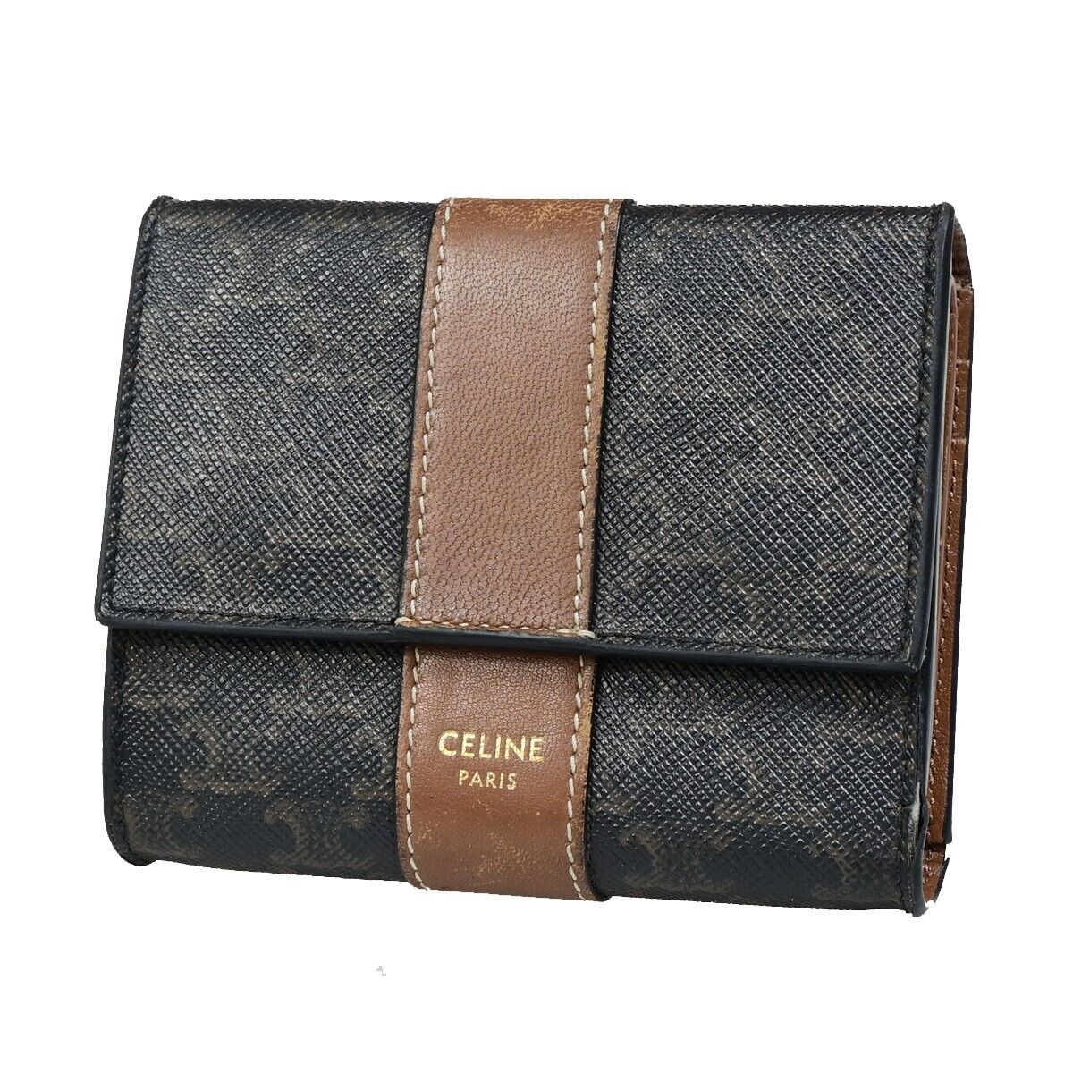 CELINE Logo Macadam Pattern Bifold Wallet PVC Leather Brown Italy 68FB093