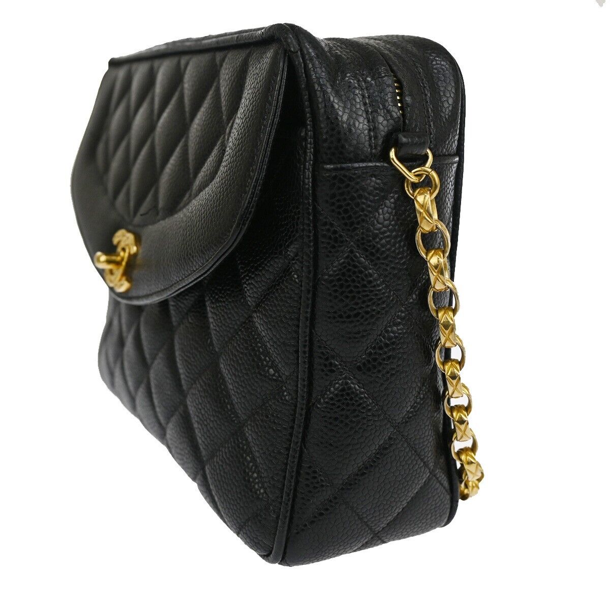 CHANEL CC Logo Chain Shoulder Bag Caviar Skin Leather Black GHW France 876RJ162