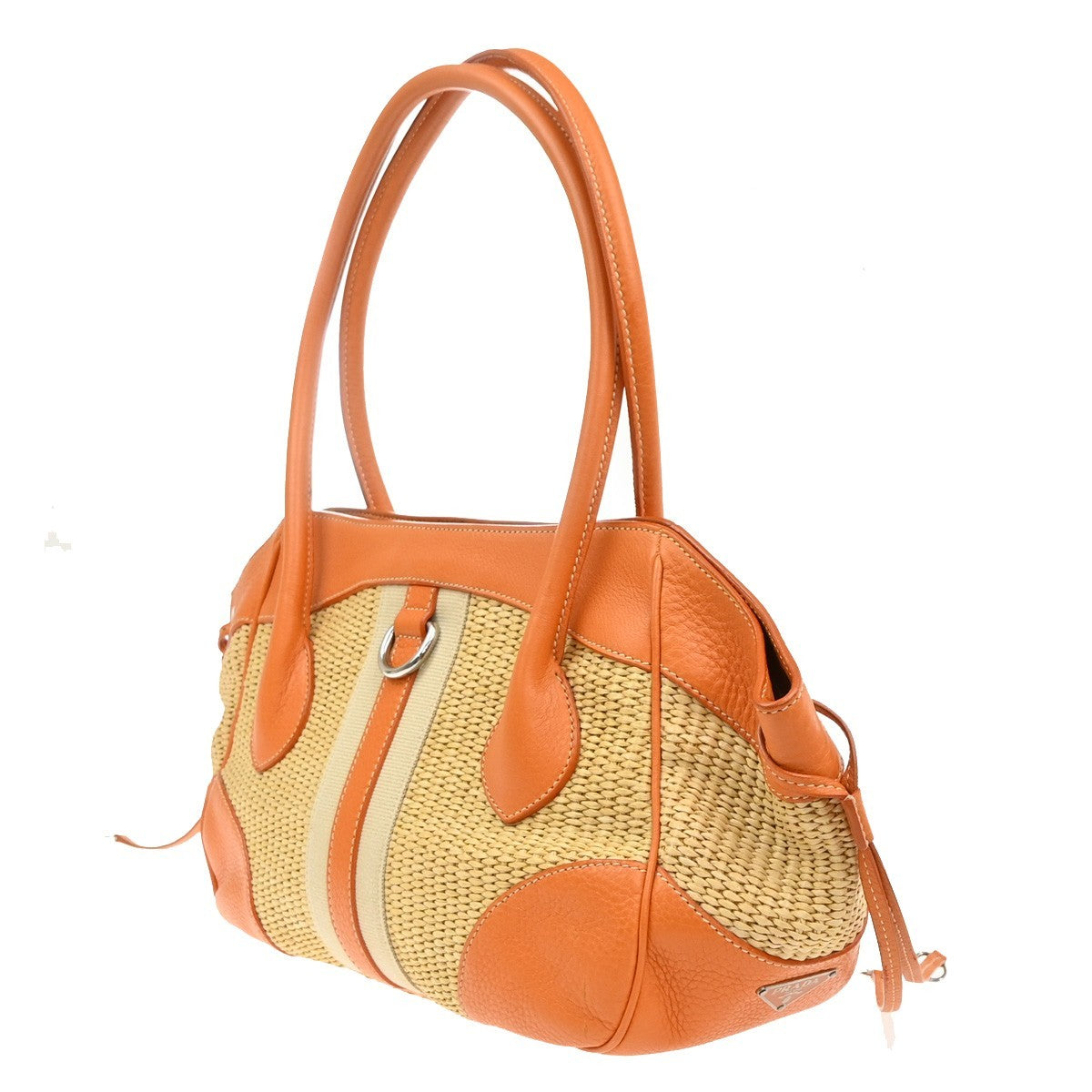 PRADA Logo Shoulder Bag Raffia Straw Leather Beige Orange SHW Italy 76YJ131