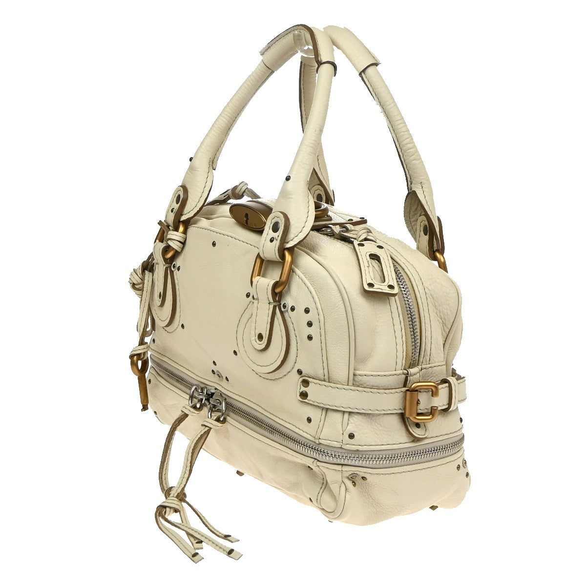 CHLOE Logo Paddington Shoulder Hand Bag Leather Padlock Ivory GHW Italy 25RQ005