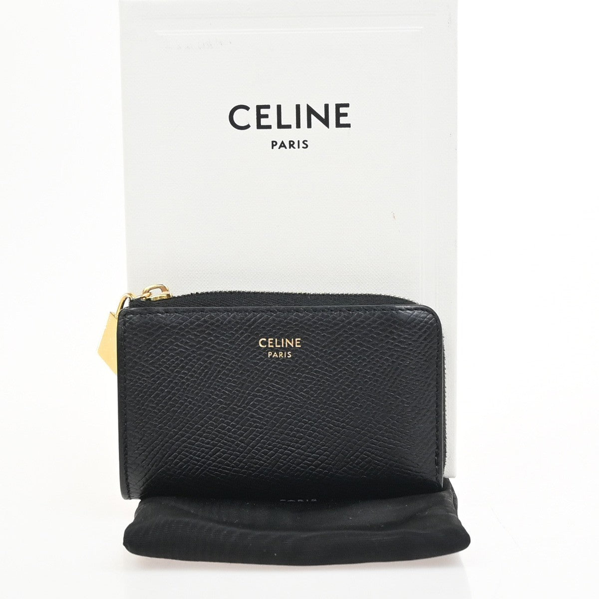 CELINE Logo Mini Zipper Compact Coincase Leather Black Gold Italy 64TA602