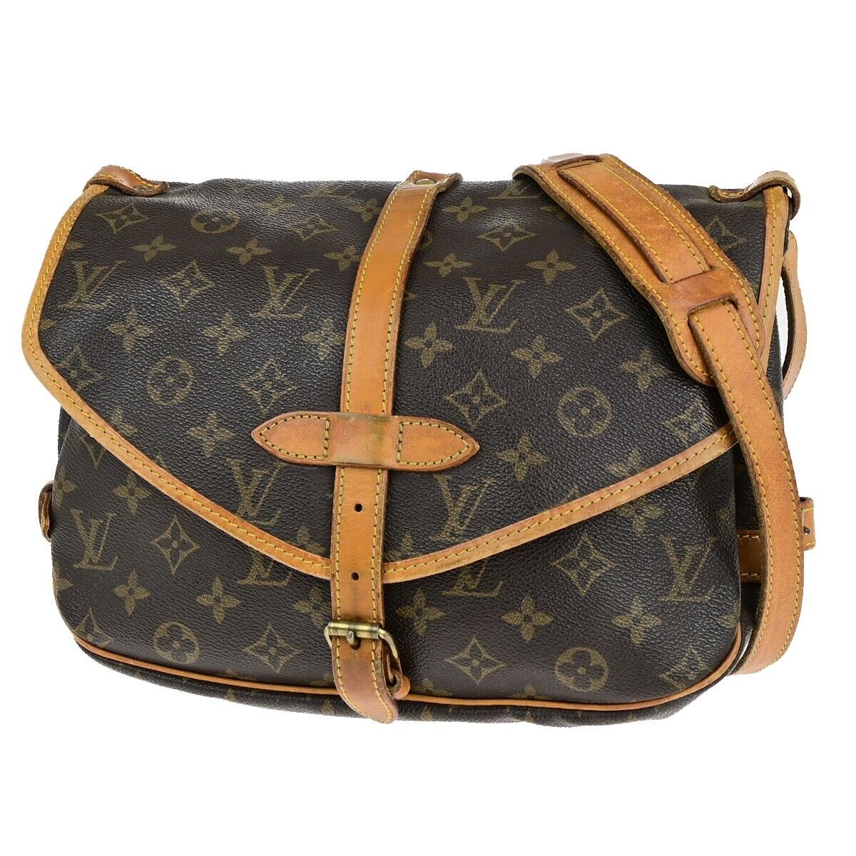 LOUIS VUITTON Logo Saumur 30 Shoulder Bag Monogram Leather Brown M42256 39ED297