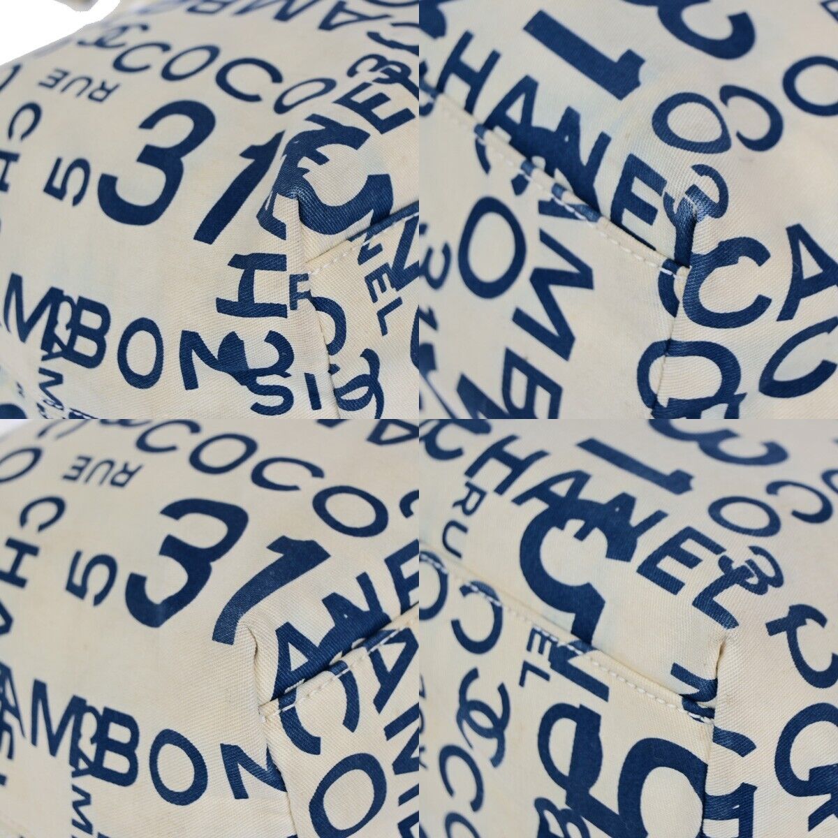 CHANEL Logo By Sea Shoulder Tote Bag Canvas Leather White Blue Italy 85EC913