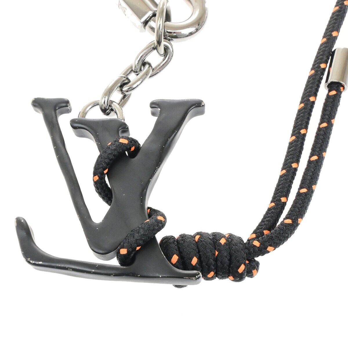 LOUIS VUITTON Porete Cles LV Shaped Rope Key Chain Black Silver MP2617 32ED466