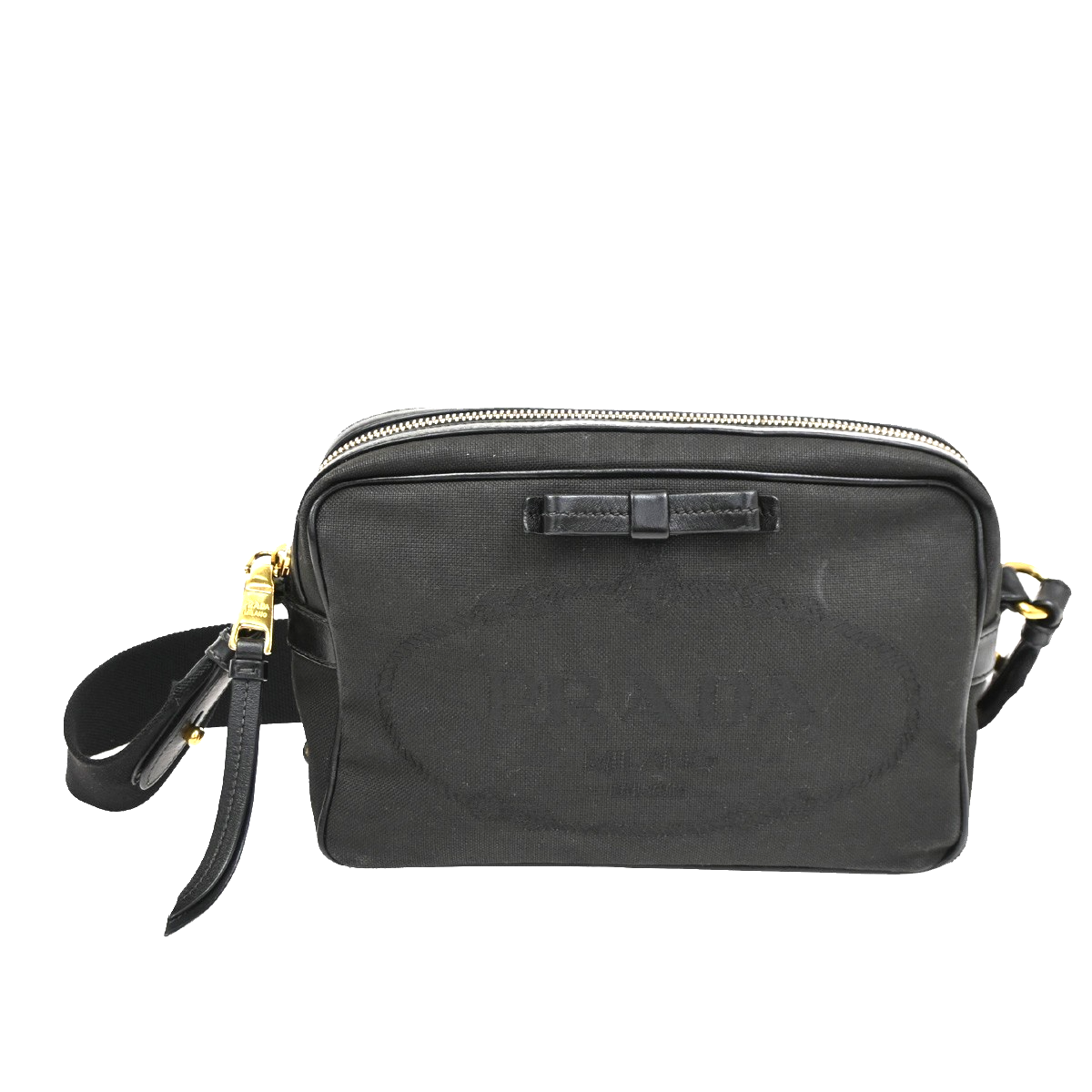 PRADA MILANO Jacquard Crossbody Shoulder Bag Canvas Leather Black GHW 76KC012